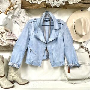 Sky blue moto vegan suede vibe studded  jacket open front southwestern vibe